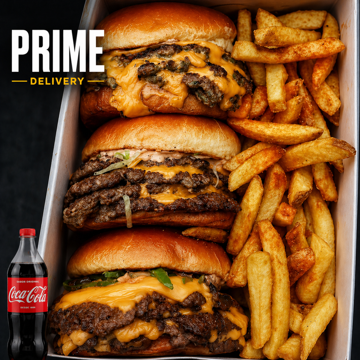 COMBO Trio Smash - 3X Classic Smash Burguer + 500g Fritas + Coca-Cola 2L